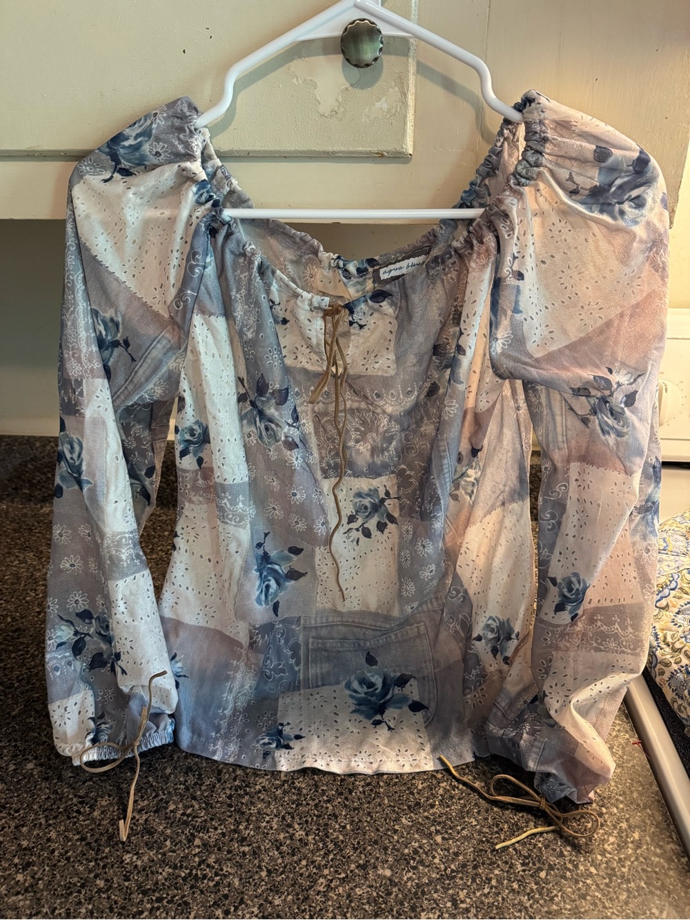 Aqua Blue Patchwork Rose Peasant Blouse Sz M Boho